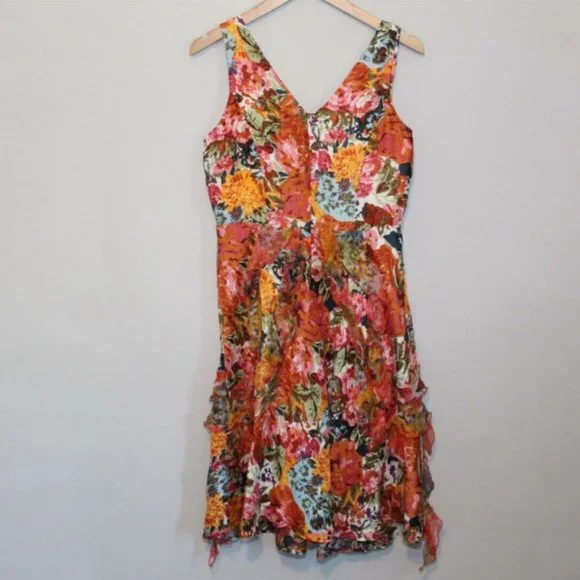 Sundance Silk Floral Ruffled V-Neck Havana Dress Orange Women's Size 4 H11297 - Picture 8 of 11